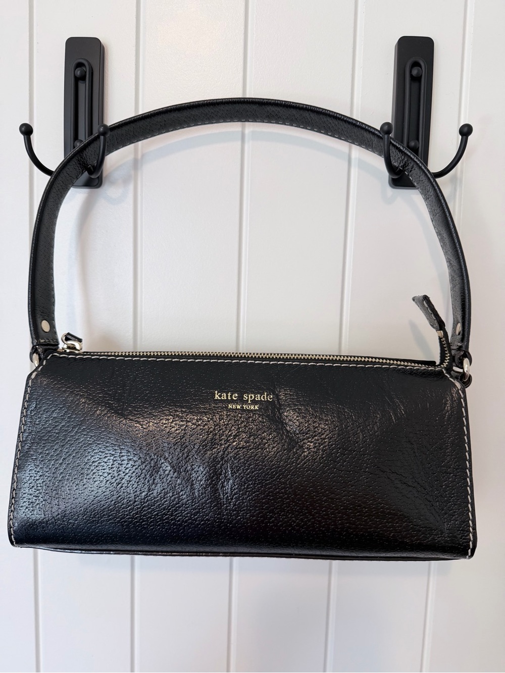 Kate Spade Black Leather Barrel Shoulder Bag with Gold Logo